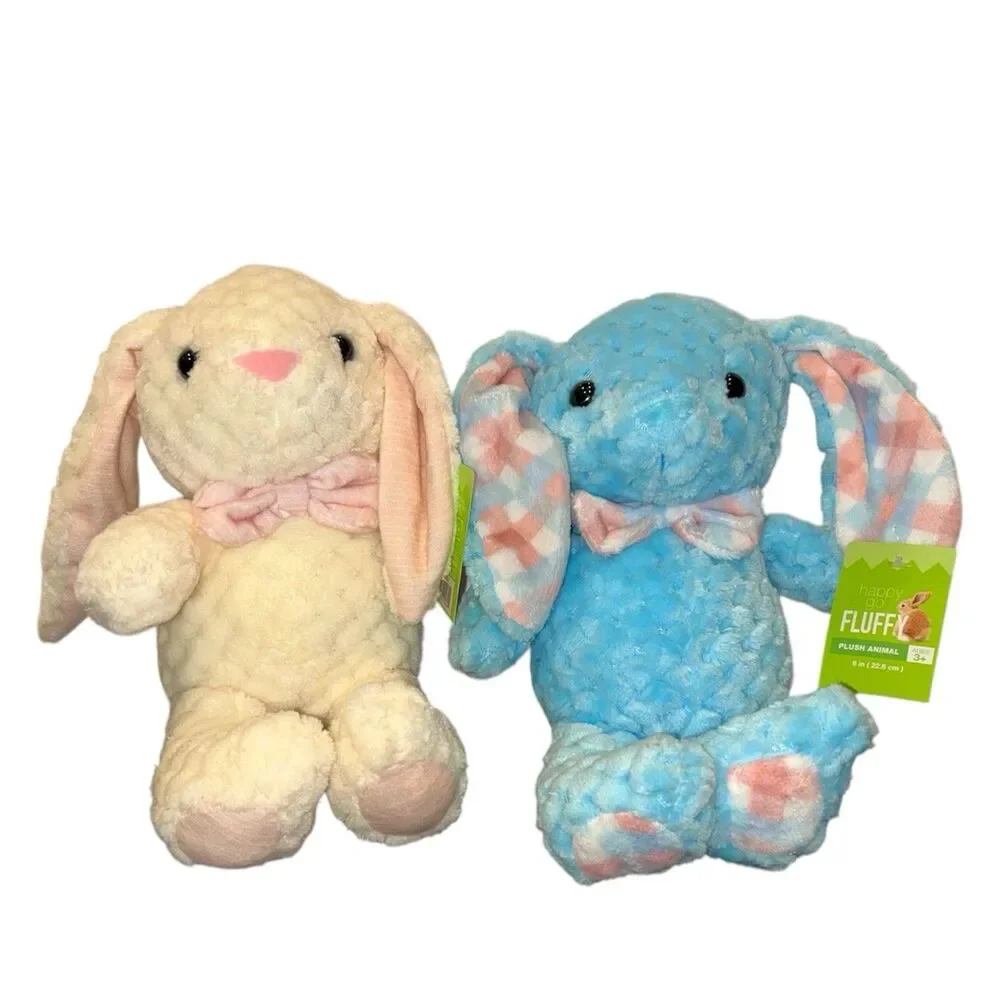 2x Kellytoy Easter Bunny Plush White Blue Checkered Stuffed Animal 9